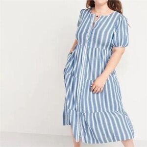Old Navy Blue Striped Puff-Sleeve Midi Dress Women’s L